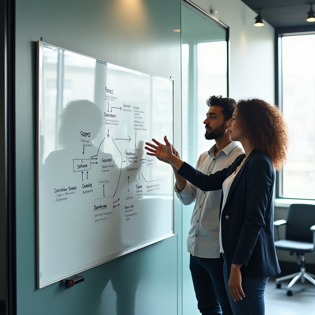 Two consultants at a whiteboard mapping out a B2B SaaS content workflow