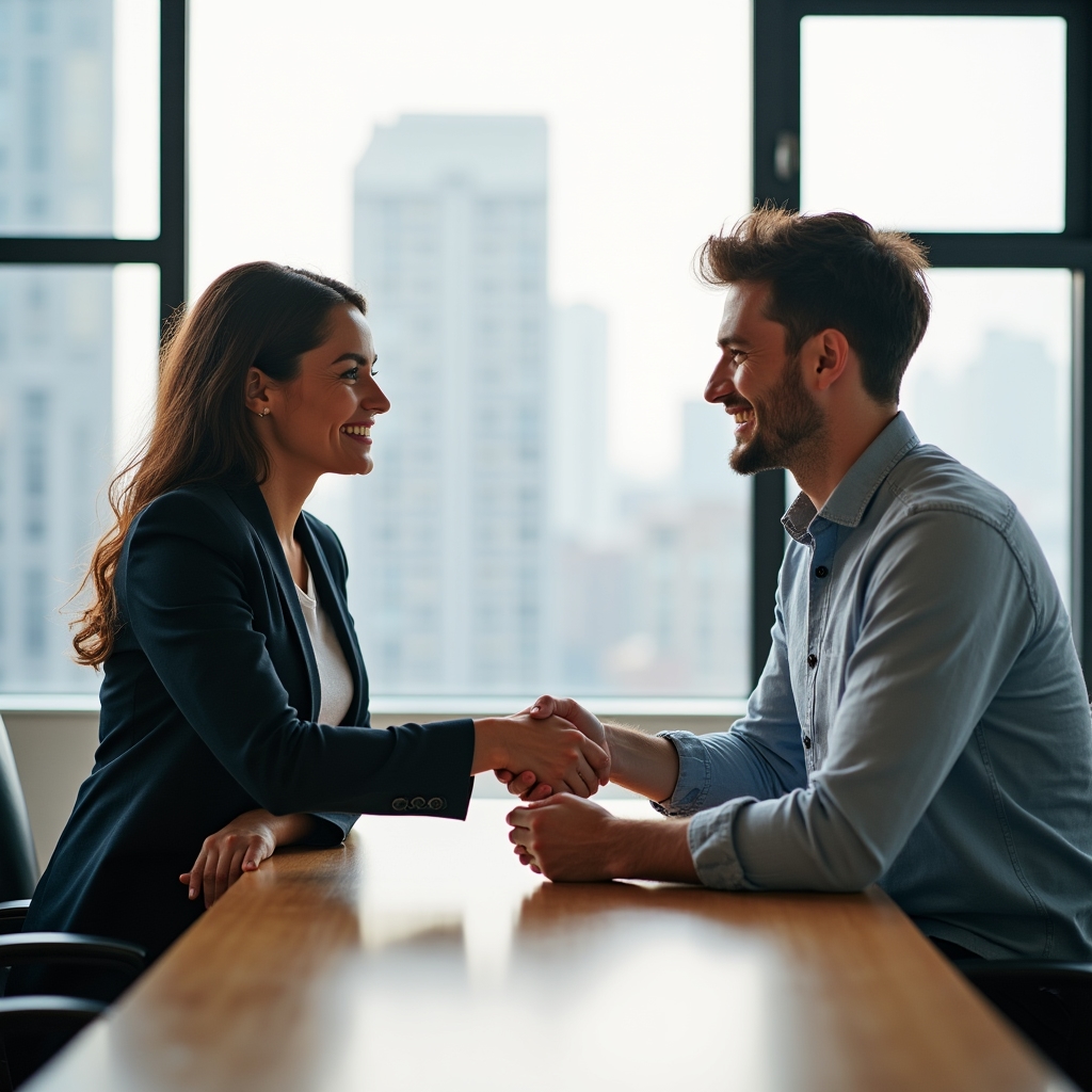 Two consultants shaking hands after a content strategy consultation meeting