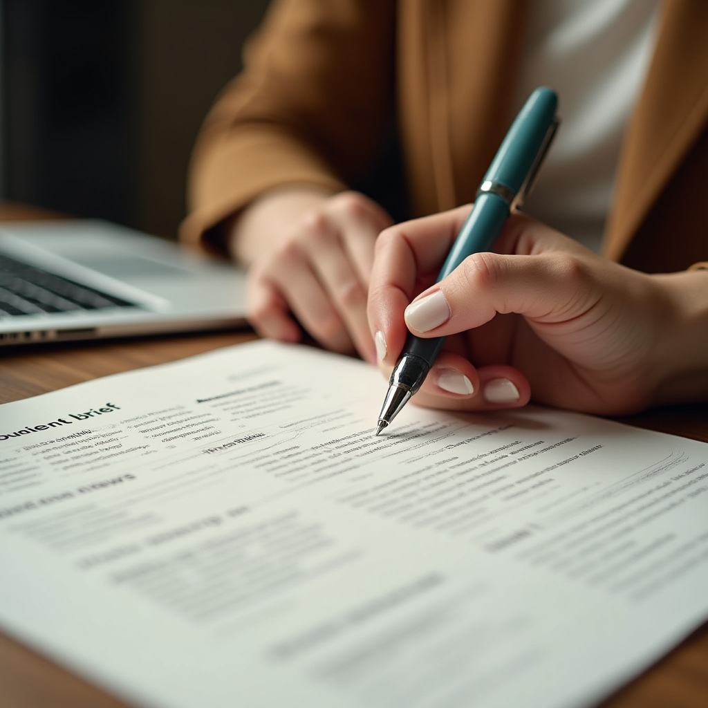 Close-up of a structured content brief template being reviewed and annotated on paper