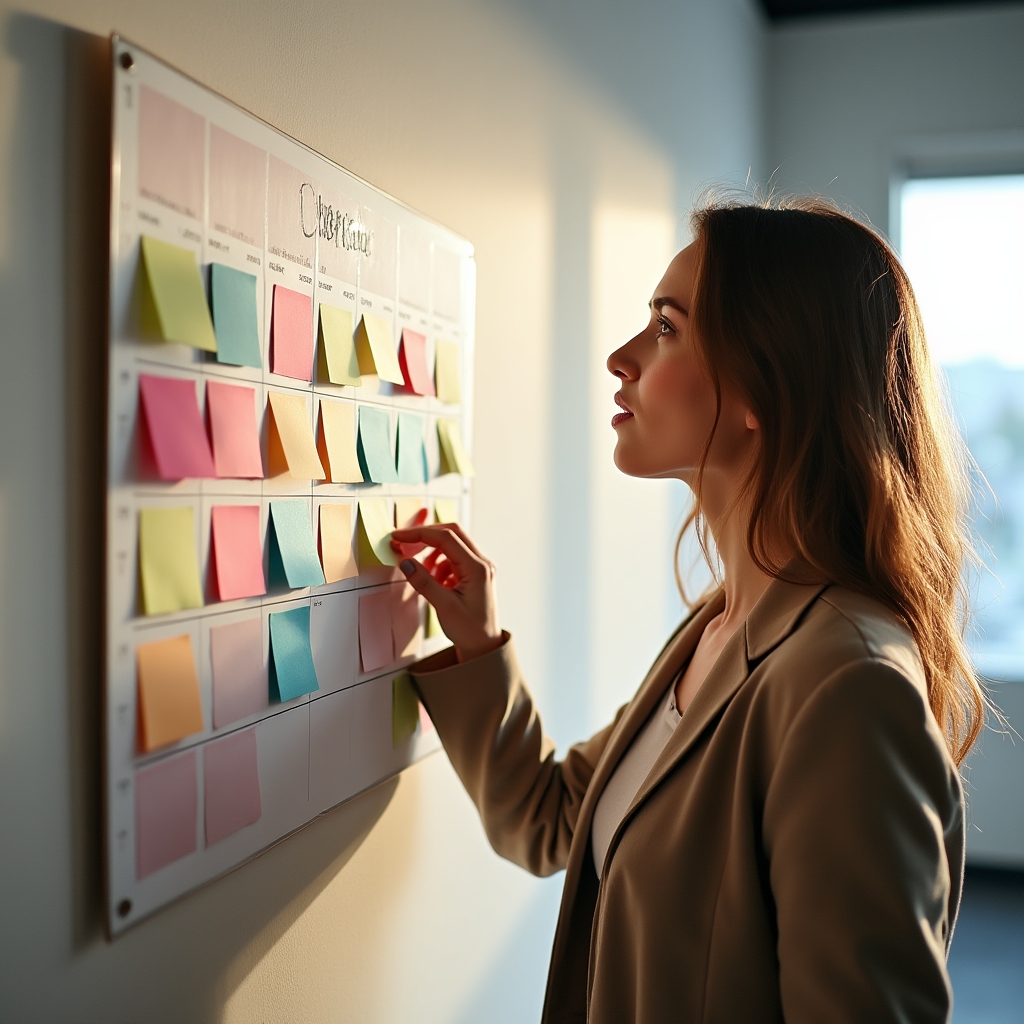 Editorial calendar printed and mounted on a wall with color-coded sticky notes for content planning