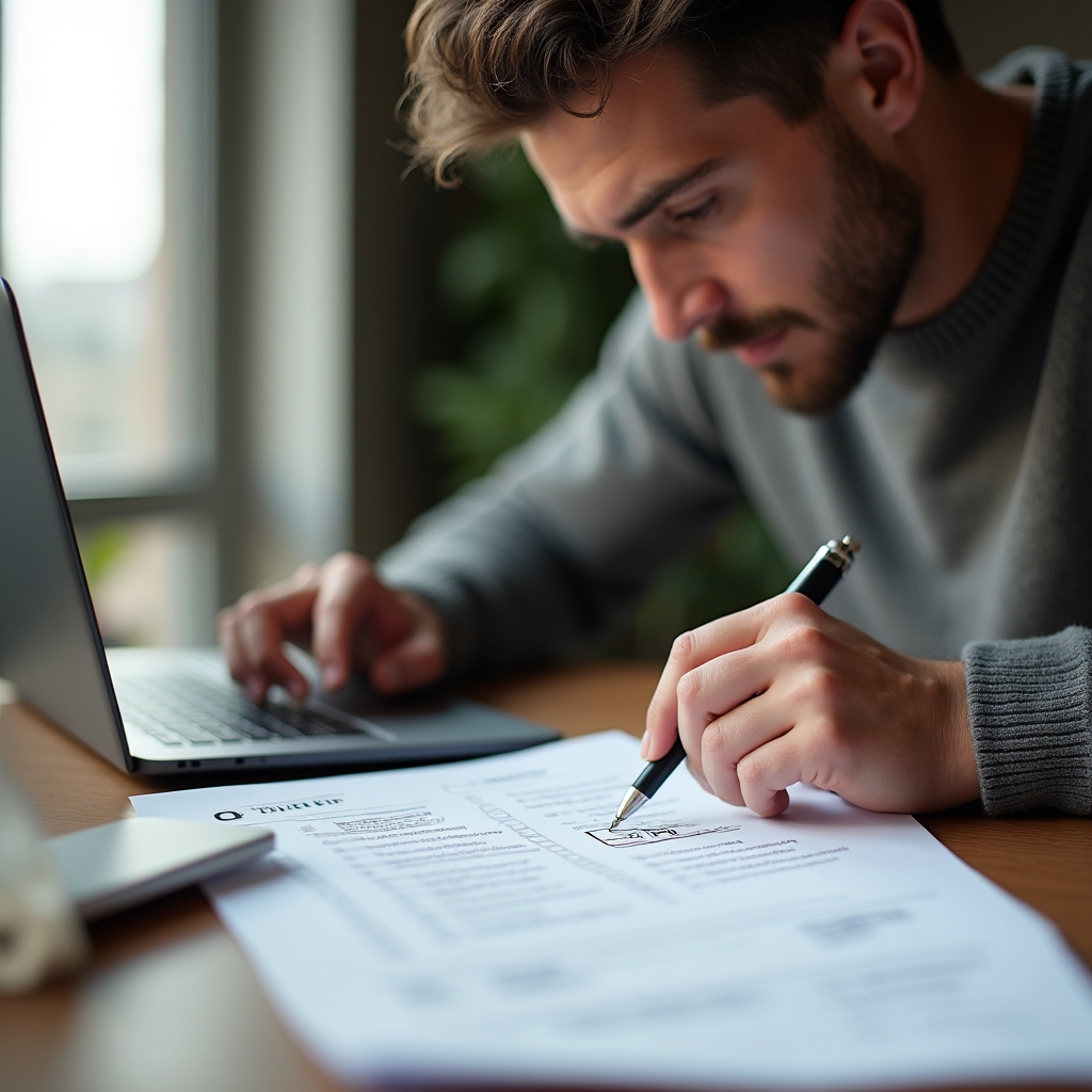 Consultant marking items on a printed quality control checklist next to a laptop