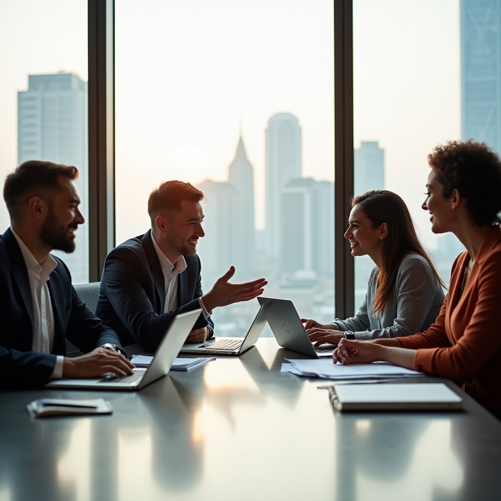 Consulting team discussing content strategy around a table with a city view in the background
